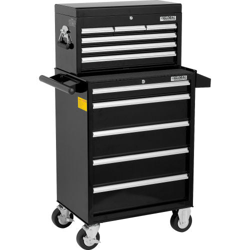 Global Industrial 26-3/8” x 18-1/8" x 52-9/16" 11 Drawer Black Roller Cabinet & Chest Combo (WB535490)