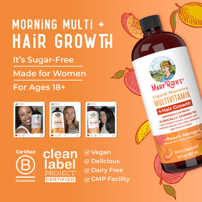 Mary Ruth's® Liquid Morning Multivitamin + Hair Growth Multivitamin Supplement Vitamin A / C / D / E 1,010 mcg - 90 mg - 20 mcg - 18 mg Strength Liquid 30 oz. Peach Mango Flavor (1271759_EA)