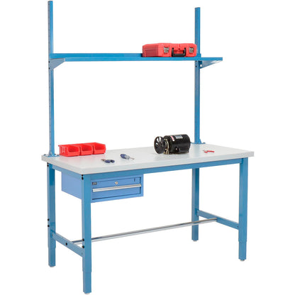 Global Industrial 96x36 Production Workbench ESD Square Edge - Drawer, Upright & Shelf - Blue (WB319003)