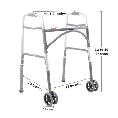 McKesson Bariatric Dual Release Folding Walker with Wheels Adjustable Height Steel Frame 500 lbs. Weight Capacity 32 to 39 Inch Height (1065261_EA)