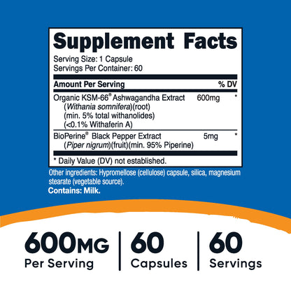 nutricost® KSM-66® Dietary Supplement Ashwagandha Extract / Black Pepper Extract 600 mg - 5 mg Strength Capsule 60 Per Bottle (1270264_BT)
