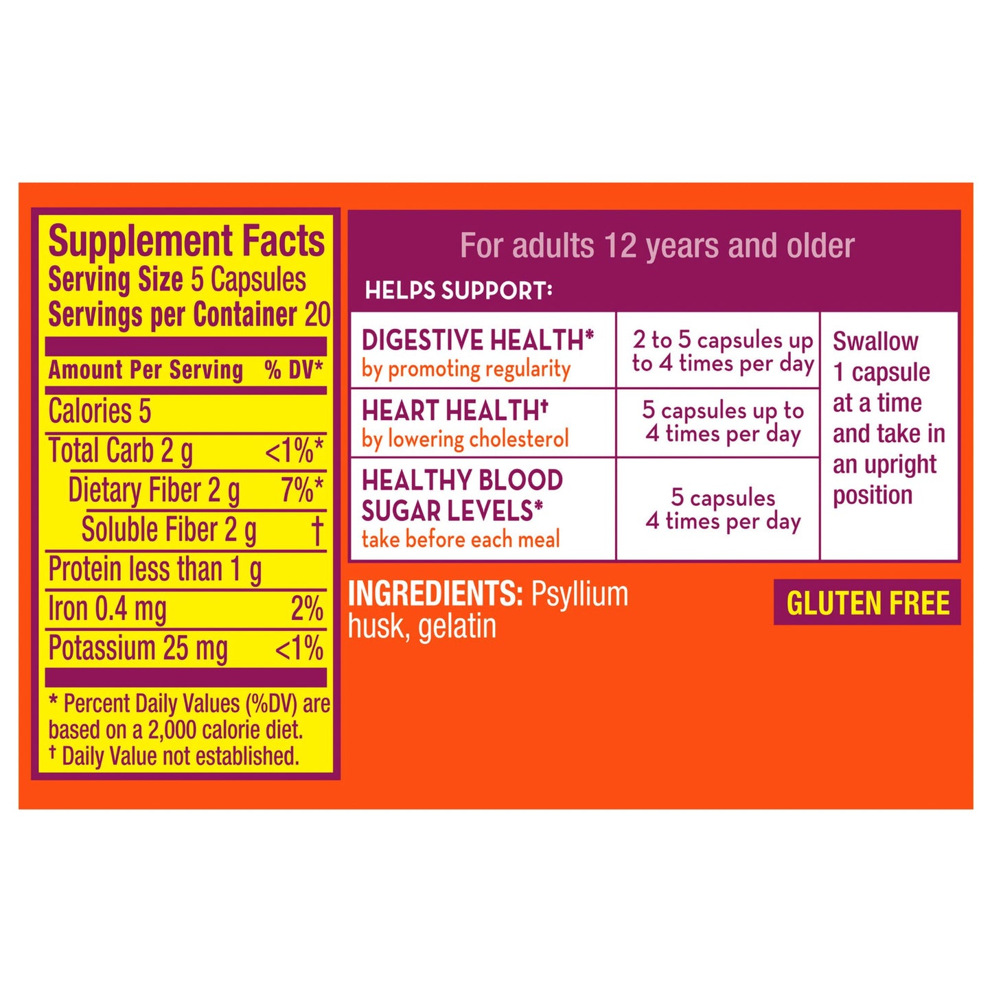 Metamucil® 3-in-1 Fiber Fiber Supplement Capsule 100 per Bottle 0.4 Gram Strength Potassium / Psyllium Husk (1229256_BT)