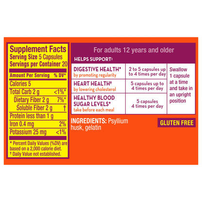 Metamucil® 3-in-1 Fiber Fiber Supplement Capsule 100 per Bottle 0.4 Gram Strength Potassium / Psyllium Husk (1229256_BT)