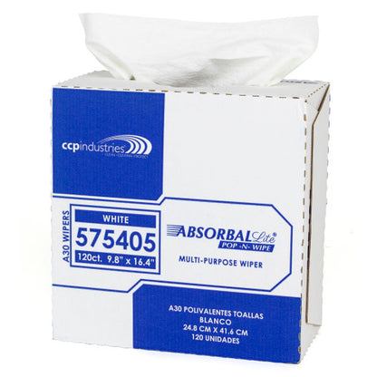 ShopWorks® Absorbal Lite® Wipers, DRC, White, 9"x16.75", Light Duty, Pop-N-Wipe® Interfold, 120 /Box, 9 bxs/Case, Case of 1080 (HOS575405)