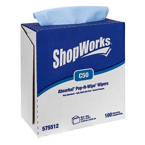 ShopWorks® Absorbal® Wipers, DRC, Blue/White, 8.5"x16.75", Heavy Duty, Pop-N-Wipe® Interfold, 100 /Box, 9 bxs/Case, Case of 900 (HOS575512)