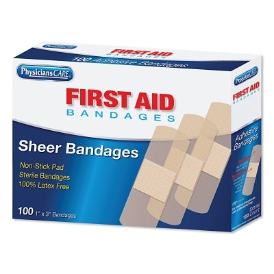 First Aid Only Plastic Adhesive Strip, 1 in x 3 in, Sheer Bandages, 100/Box (579-90331)