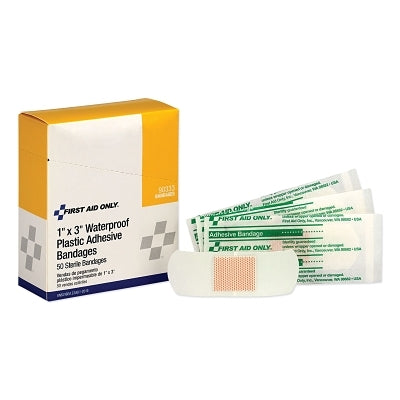 First Aid Only Plastic Adhesive Strip, 1 in x 3 in, Waterproof Bandages, 50/Box (579-90333)