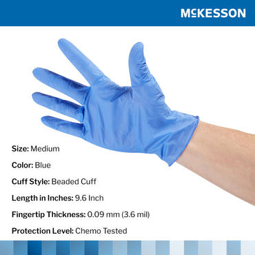 McKesson Confiderm® 3.5C Exam Glove Medium NonSterile Nitrile Standard Cuff Length Textured Fingertips Blue Chemo Tested (765875_CS)