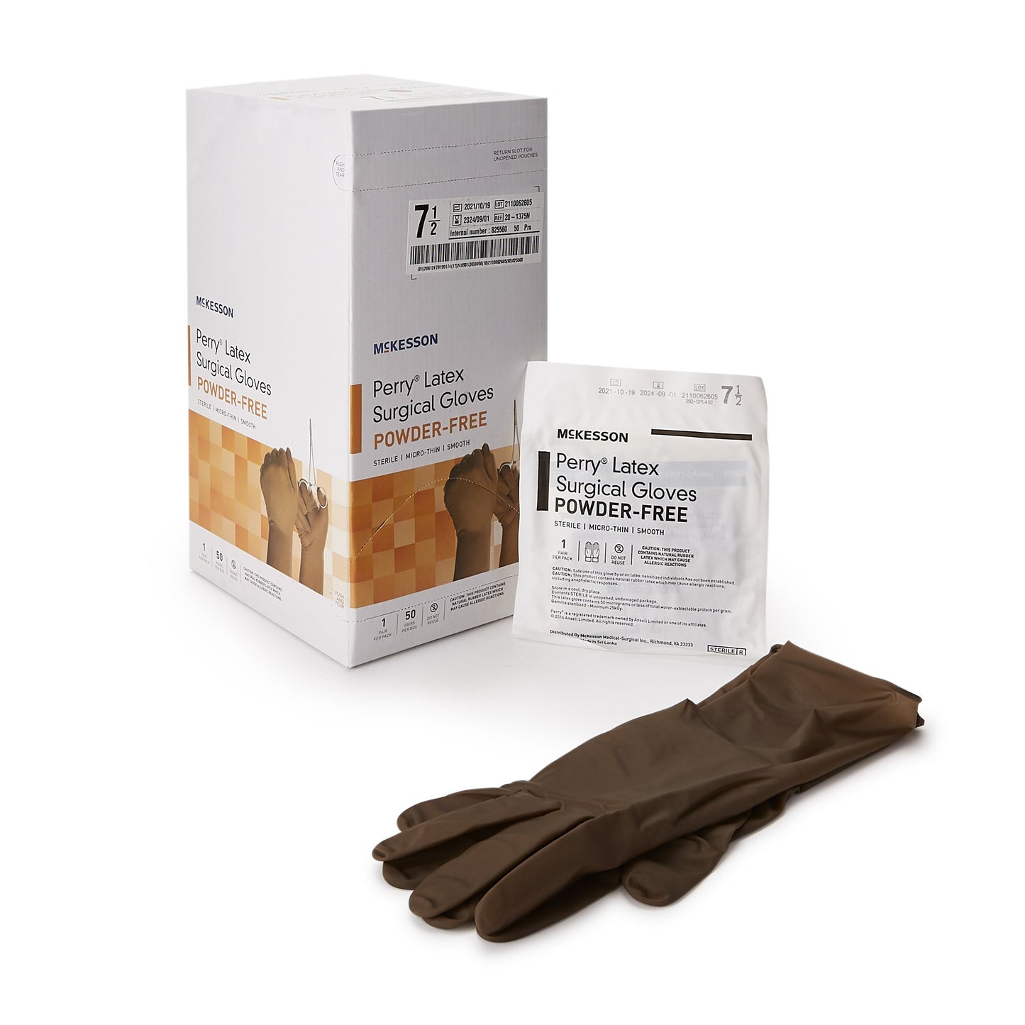 McKesson Perry® Surgical Glove Size 7.5 Sterile Latex Standard Cuff Length Smooth Brown Not Chemo Approved (1044731_CS)
