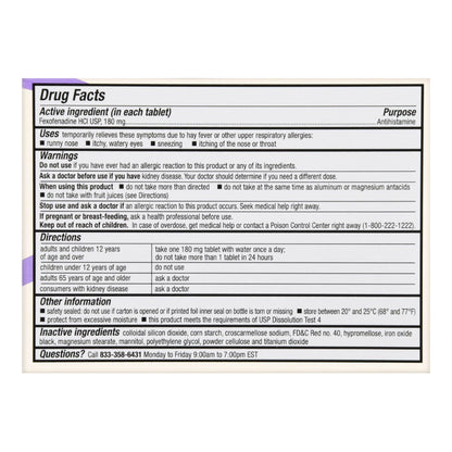 Foster & Thrive™ Allergy Relief 180 mg Strength Tablet 30 per Box (1238970_BX)