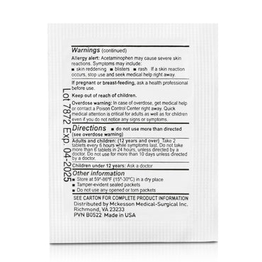 McKesson Pain Relief 500 mg Strength Acetaminophen Unit Dose Tablet 250 per Box (1111740_BX)