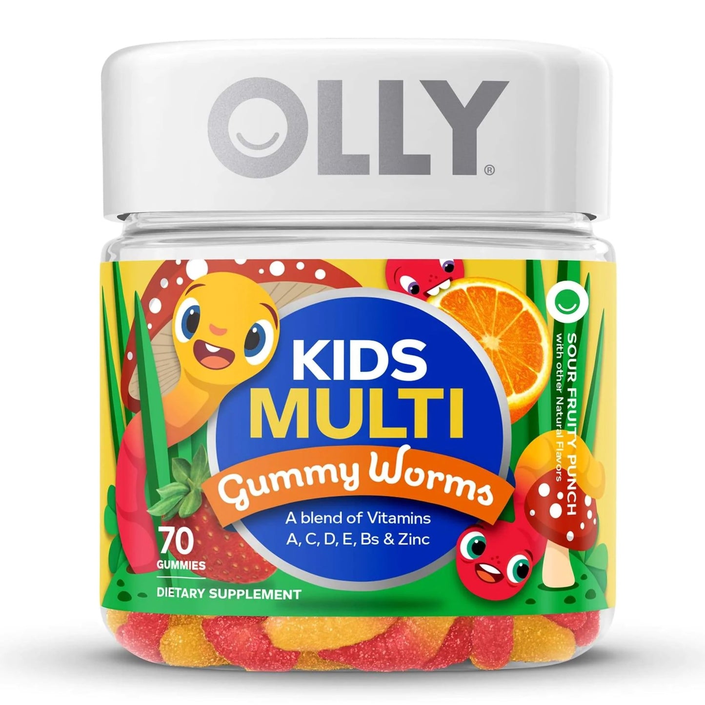 OLLY® Kids Multi Gummy Worms Dietary Supplement Vitamin A / B6 / B12 / C / D / E / Zinc 150 mcg - 0.5 mg - 1.2 mcg - 15 mg - 10 mcg - 3.75 mg - 0.75 mg Strength Gummy 70 per Bottle Sour Fruity Punch Flavor (1249517_BT)