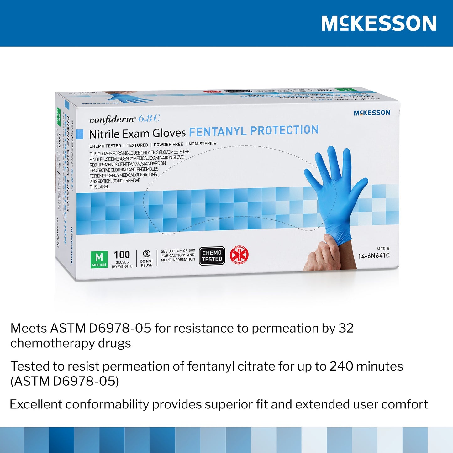 McKesson Confiderm® 6.8C Exam Glove Medium NonSterile Nitrile Standard Cuff Length Fully Textured Blue Chemo Tested / Fentanyl Tested (1225746_CS)