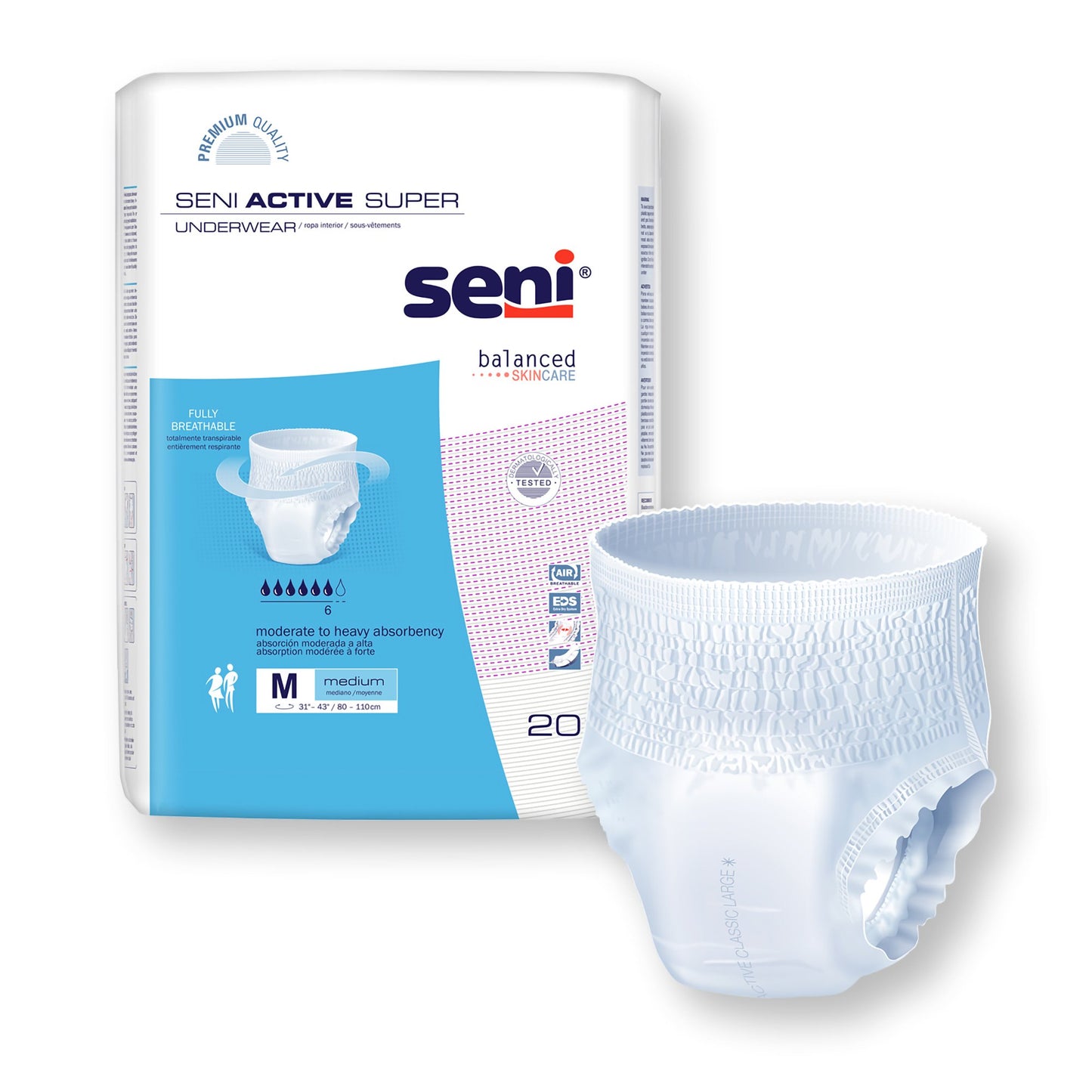 Seni® Active Super Unisex Adult Absorbent Underwear Pull On with Tear Away Seams Medium Disposable Moderate Absorbency (1163849_CS)