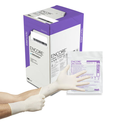 ENCORE® Latex Textured Surgical Glove Size 8.5 Sterile Latex Standard Cuff Length Fully Textured Ivory Chemo Tested (221026_PR)