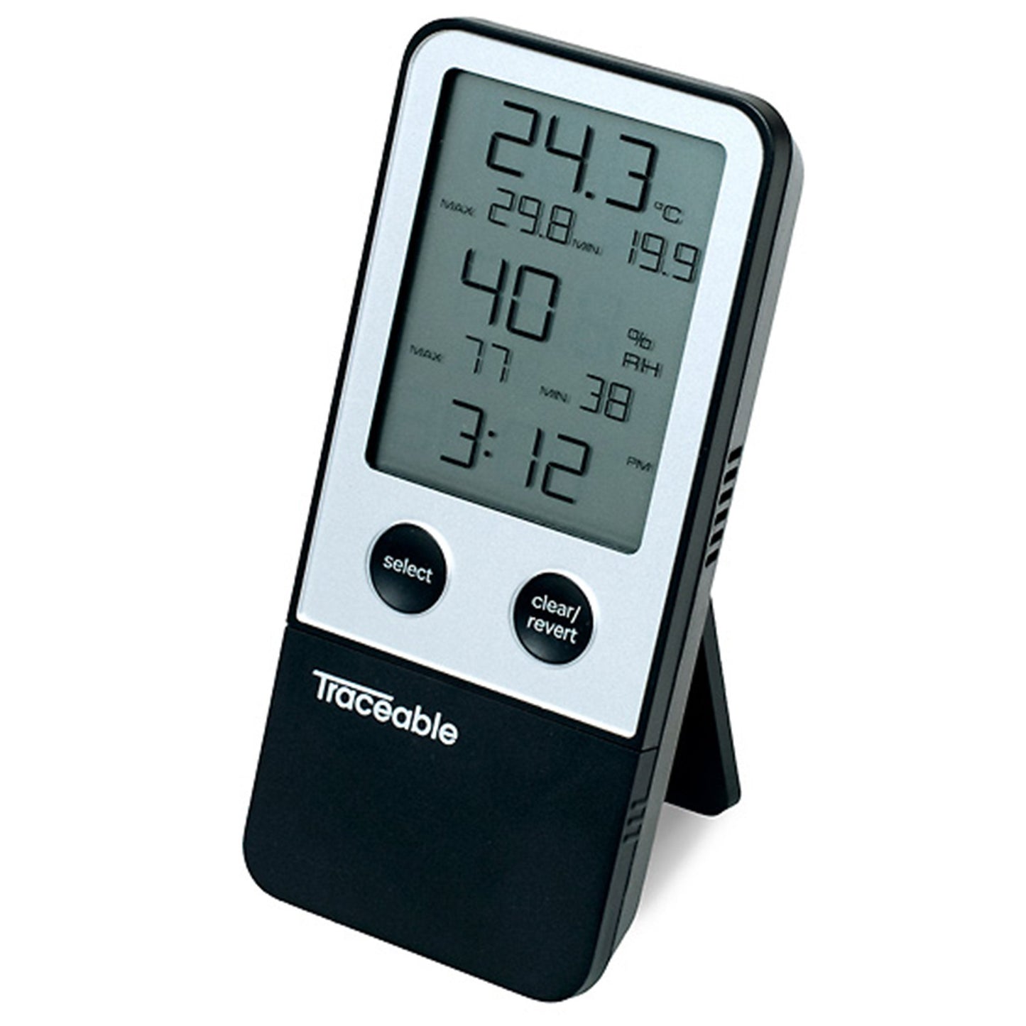 Traceable® Digital Thermometer / Hygrometer Fahrenheit / Celsius 32° to 122°F (0° to 50°C) Internal Sensor Flip-out Stand / Wall Mount Battery Operated (897971_EA)