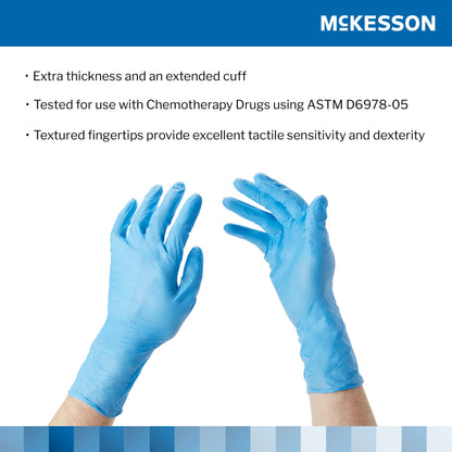 McKesson Confiderm® 6.5CX Exam Glove Medium NonSterile Nitrile Extended Cuff Length Textured Fingertips Blue Chemo Tested (921607_CS)
