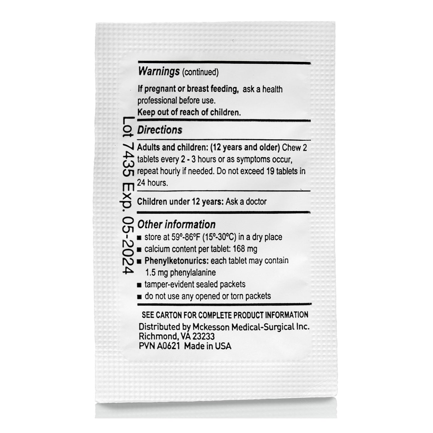 McKesson Brand Antacid 420 mg Strength Tablet 250 Packets per Box, 2 Tablets per Packet (1111738_CS)