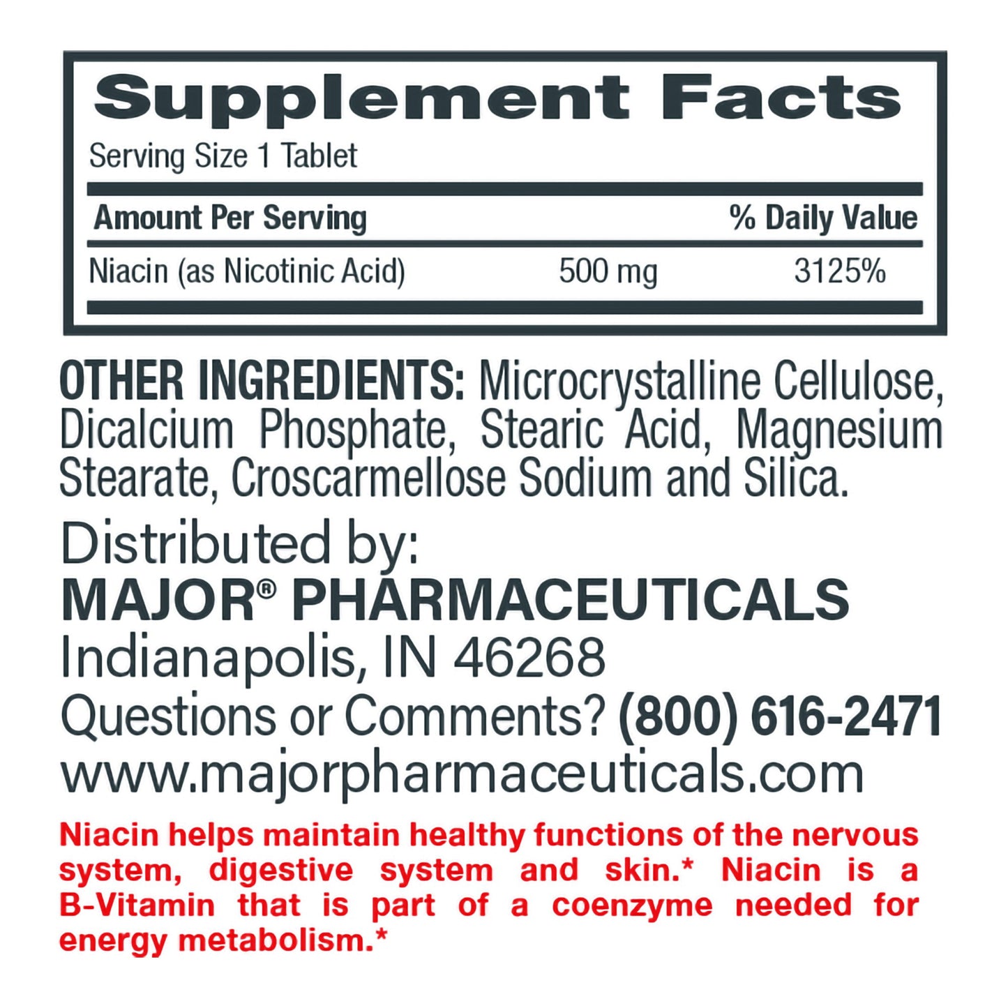 Major® Dietary Supplement Niacin 500 mg Strength Tablet 100 per Bottle (852663_BT)