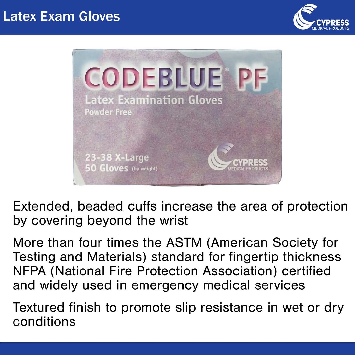 CODEBLUE® PF Exam Glove X-Large NonSterile Latex Extended Cuff Length Fully Textured Blue Not Rated (546243_BX)