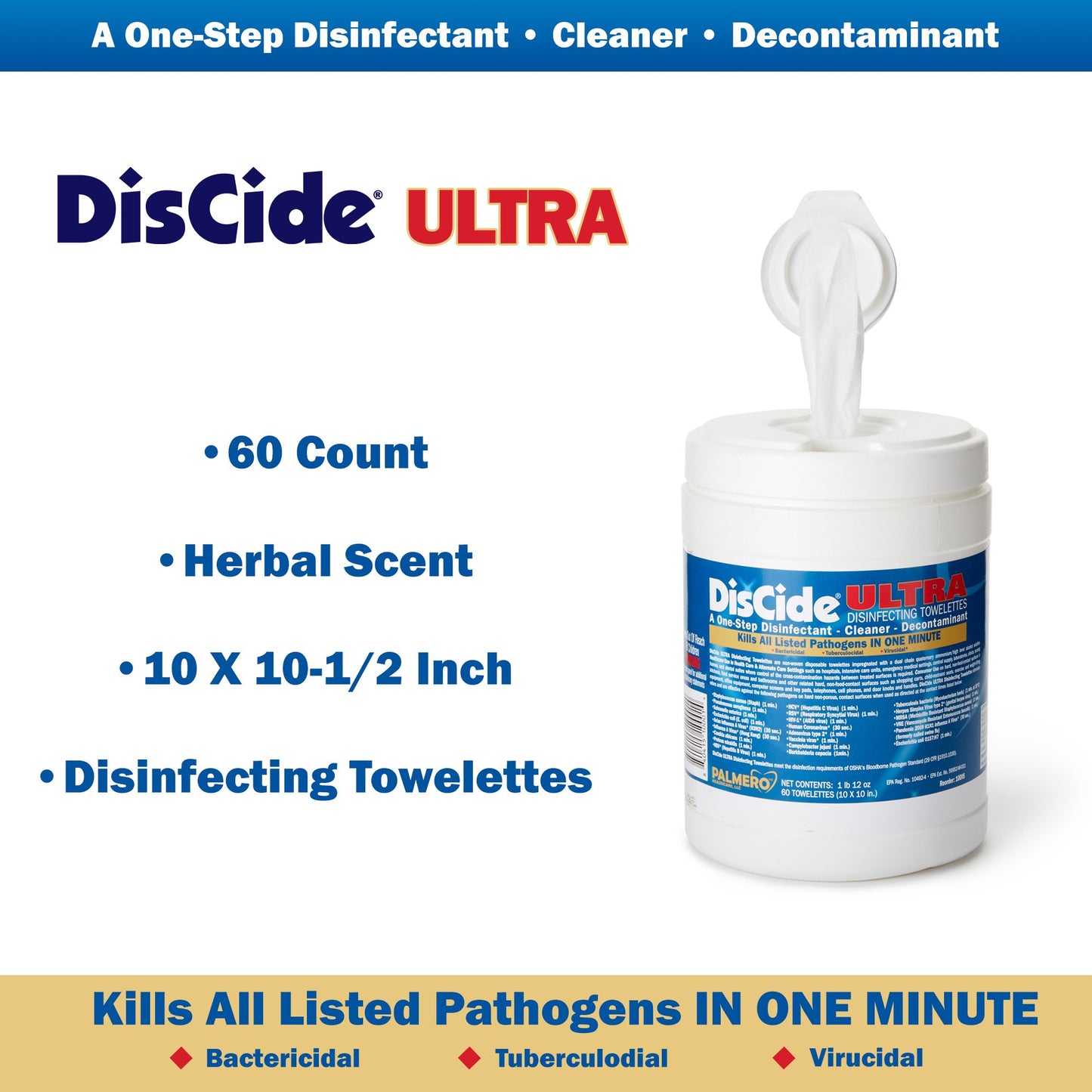 DisCide® Ultra Surface Disinfectant Cleaner Premoistened Quaternary Based Manual Pull Wipe 60 Count Canister Herbal Scent NonSterile (1159344_CN)