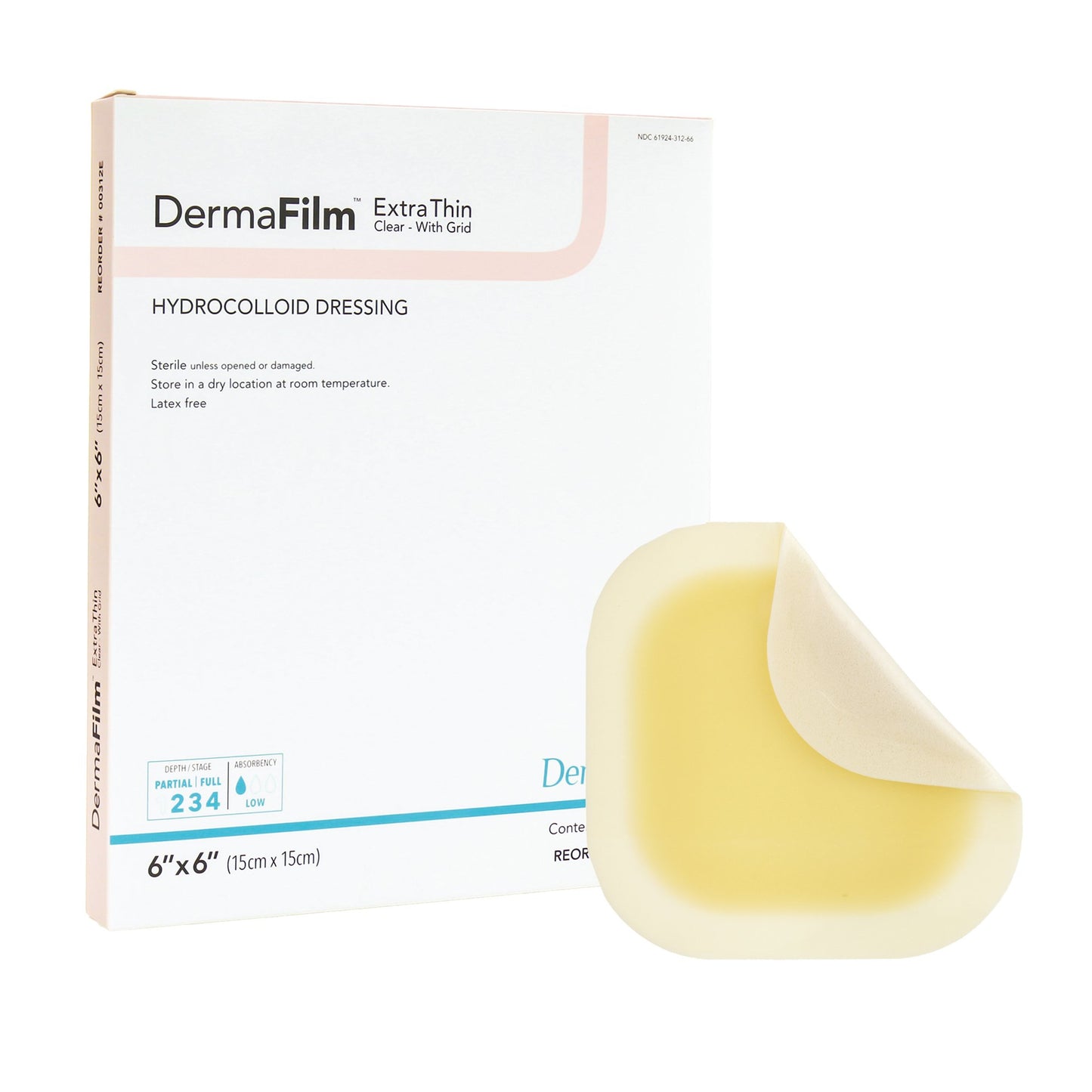 DermaFilm® Thin Hydrocolloid Dressing Film Backing 6 X 6 Inch Square Hydrocolloid / Film (861134_BX)