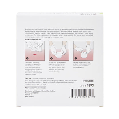 McKesson Lite Thin Foam Dressing 4 X 4 Inch Without Border Film Backing Silicone Gel Adhesive Square Sterile (1083093_EA)