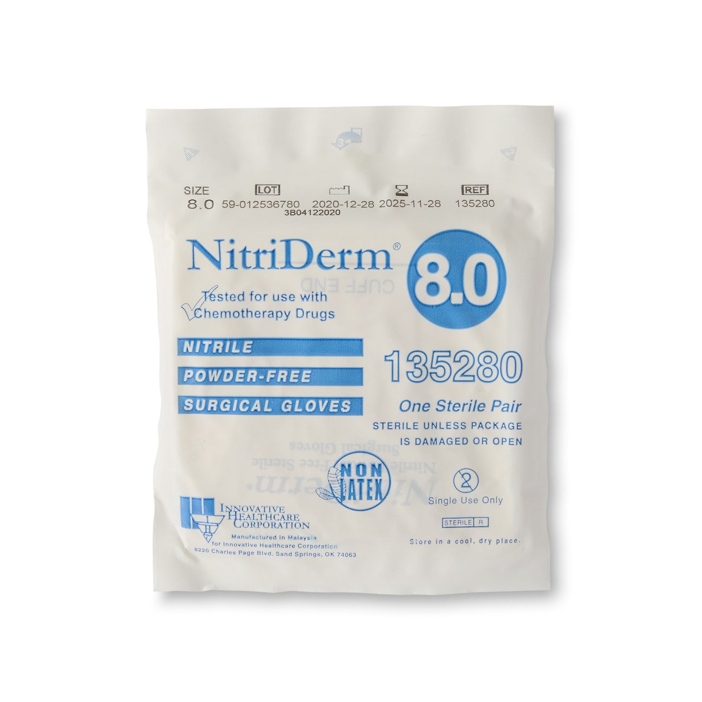 NitriDerm® Surgical Glove Size 8 Sterile Nitrile Standard Cuff Length Fully Textured White Chemo Tested (1162691_CS)