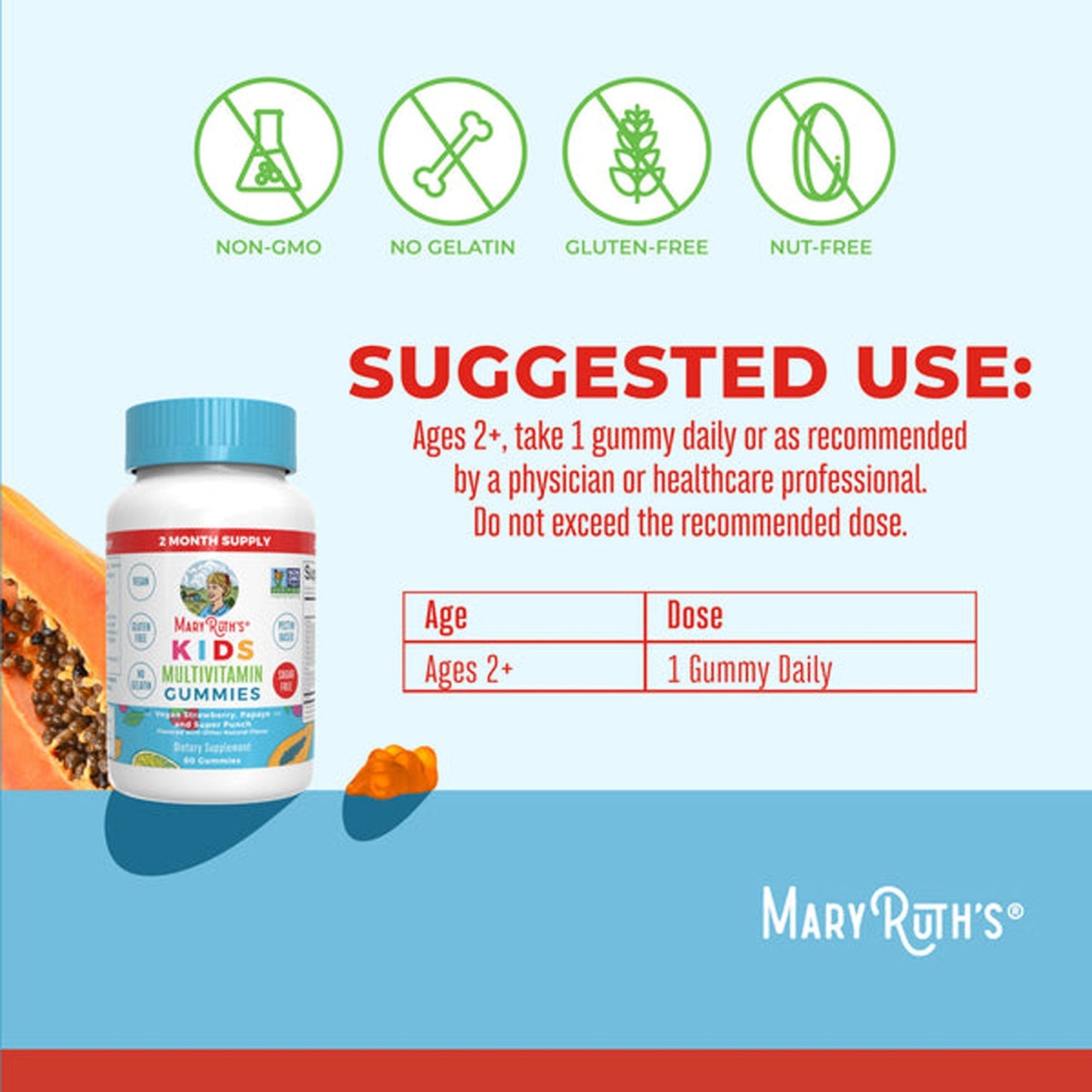 Mary Ruth's® Kids Multivitamin Dietary Supplement Vitamin A / C / D / E 390 mcg - 10 mg - 3 mcg - 4 mg Strength Gummie 60 Per Bottle Fruit Flavor (1271760_EA)