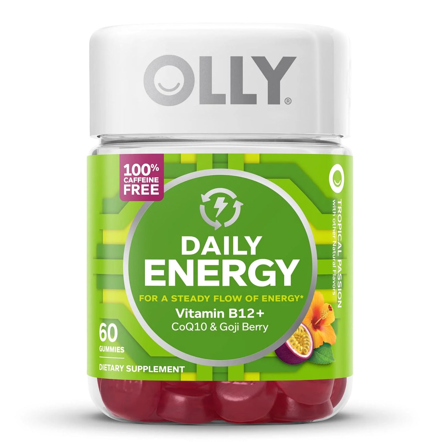 OLLY® Daily Energy Dietary Supplement Vitamin B12 / CoQ10 / Goji Berry 300 mcg - 30 mg - 100 mg Strength Gummy 60 per Bottle Tropical Passion Flavor (1249516_BT)