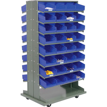 Global Industrial 16 Shelf Double-Sided Mobile Pick Rack - 64 Blue Plastic Shelf Bins 8" Wide (WB603427BL)