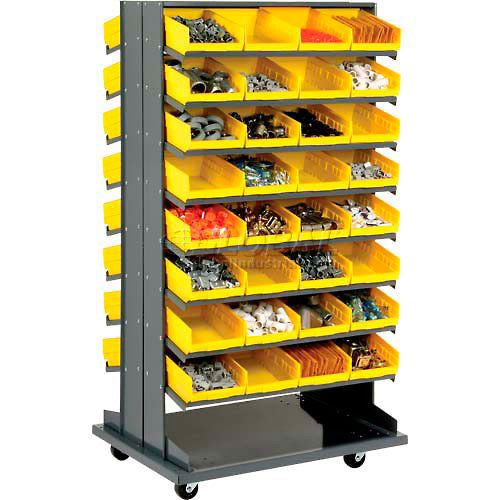 Global Industrial 16 Shelf Double-Sided Mobile Pick Rack - 64 Yellow Plastic Shelf Bins 8"W (WB603427YL)