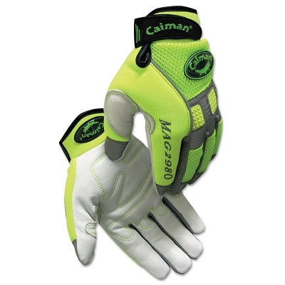 PIP 2980 Goat Grain Hi-Vis Reflective Back Knuckle Protection Mechanics Gloves, Neoprene, Small, Hi-Vis Lime Green (607-2980-S)