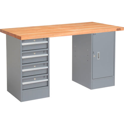 Global Industrial 72 x 30 Pedestal Workbench - 4 Drawers & Cabinet, Maple Square Edge - Gray (WB607617)
