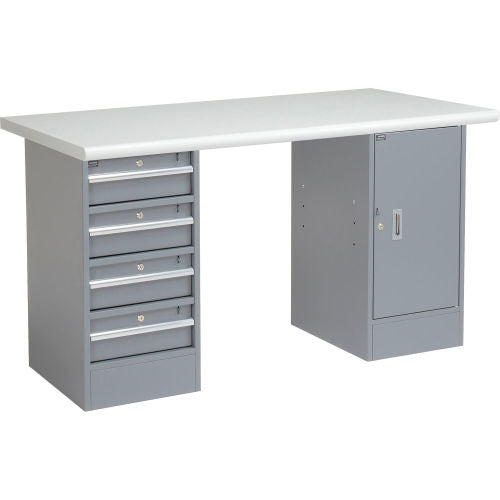Global Industrial 60 x 30 Pedestal Workbench 4 Drawers & 1 Cabinet, Laminate Safety Edge Gray (WB607624)