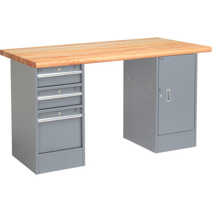 Global Industrial 60 x 30 Pedestal Workbench - 3 Drawers & Cabinet, Maple Safety Edge - Gray (WB607646)