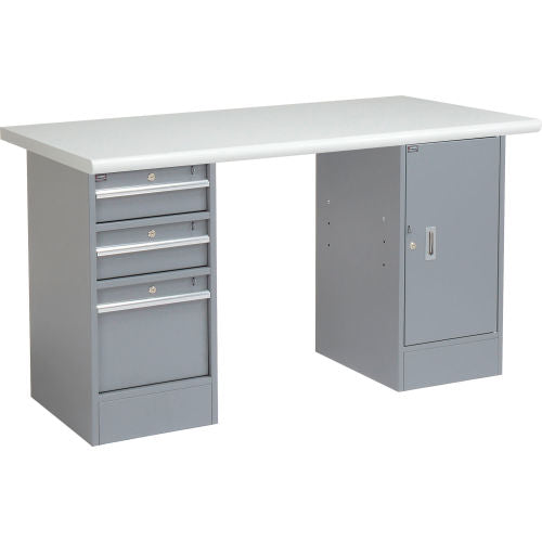 Global Industrial 72 x 30 Pedestal Workbench 3 Drawers & 1 Cabinet, Laminate Safety Edge Gray (WB607649)