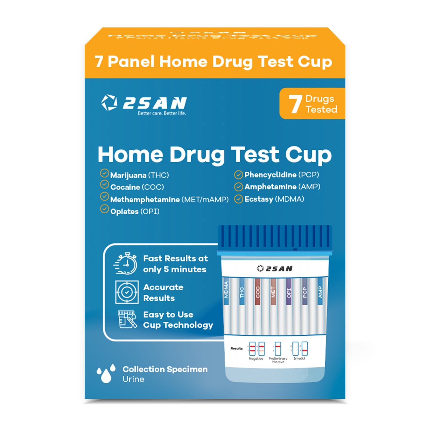 2San Drugs of Abuse Test Kit AMP, COC, mAMP/MET, MDMA, OPI, PCP, THC 1 per Kit (18 Kits per Case) CLIA Waived (1254000_KT)