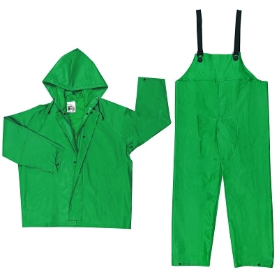 MCR Safety Two-Piece Rain Suit, Jacket w/Hood, Bib Pants, 0.42 mm PVC/Poly, Green, Small (611-3882S)