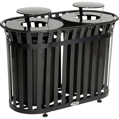 Global Industrial Outdoor Slatted Steel Trash Can With Rain Bonnet Lid, 72 Gallon, Black (WB641432BK)