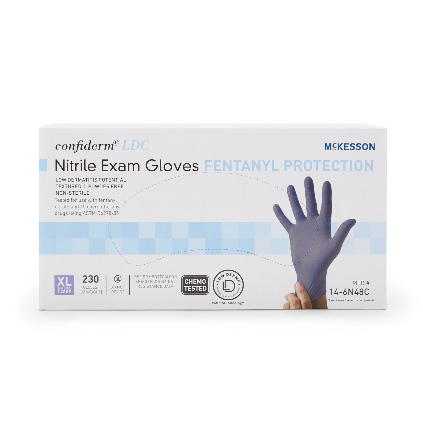 McKesson Confiderm® LDC Exam Glove X-Large NonSterile Nitrile Standard Cuff Length Fully Textured Blue Chemo Tested / Fentanyl Tested (1159332_CS)