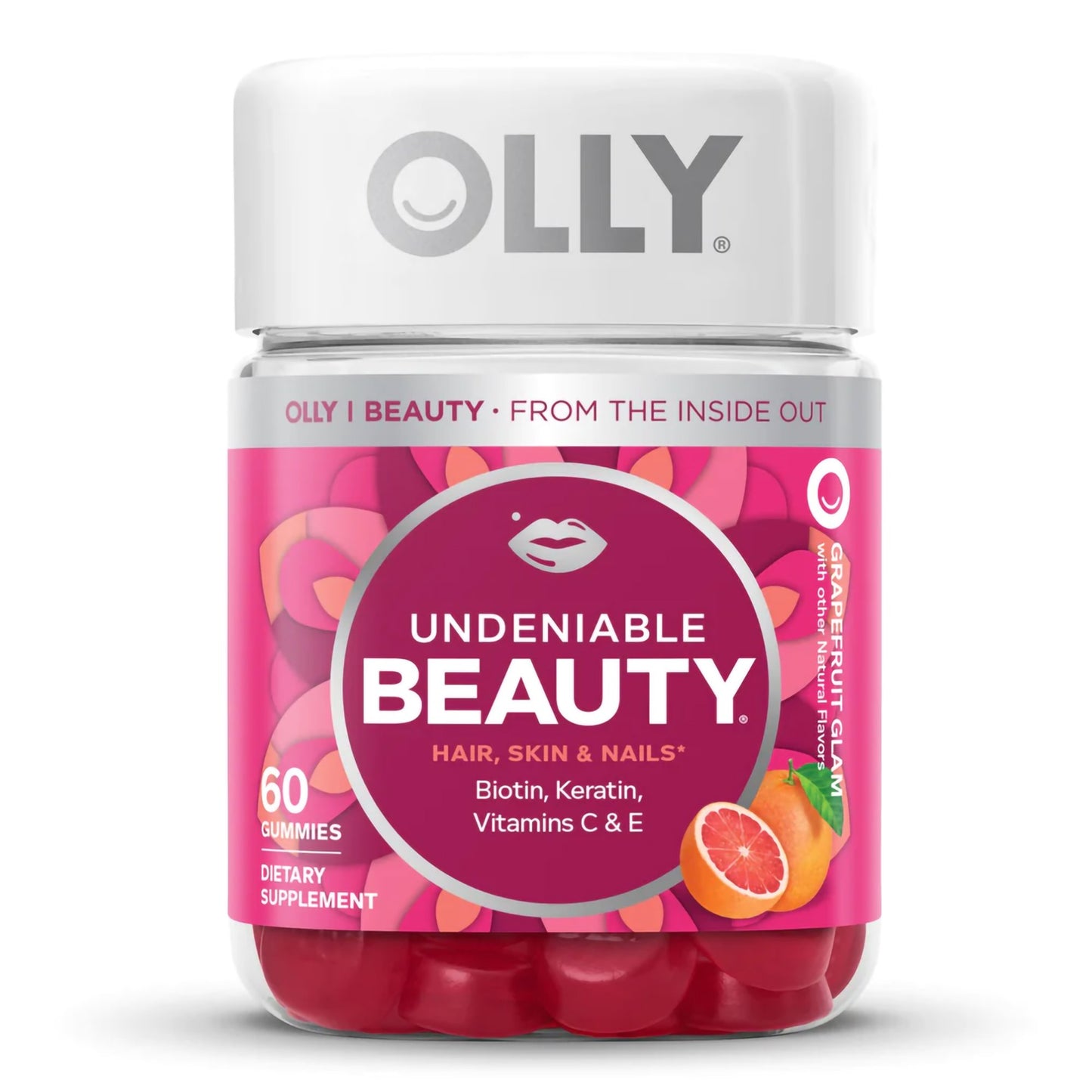 OLLY® Undeniable Beauty® Dietary Supplement Biotin / Vitamin C / Vitamin E / Keratin 2,500 mcg - 15 mg - 7.5 mg - 50 mg Strength Gummy 60 per Bottle Grapefruit Glam Flavor (1228378_BT)