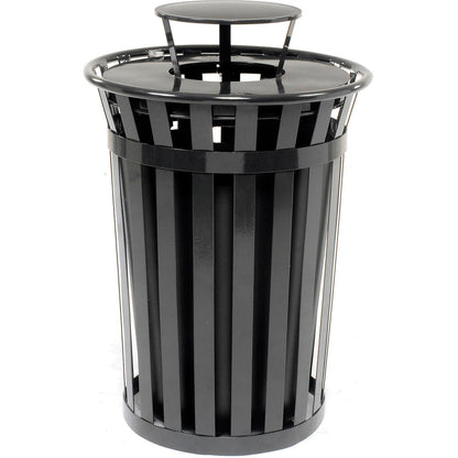 Global Industrial Outdoor Slatted Steel Trash Can With Rain Bonnet Lid, 36 Gallon, Black (WB260804BK)