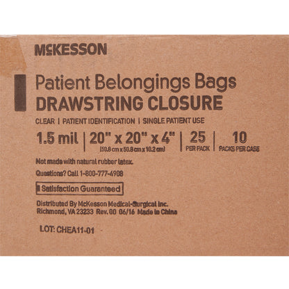 McKesson Patient Belongings Bag 4 X 20 X 20 Inch Polyethylene Drawstring Closure Clear (447887_PK)
