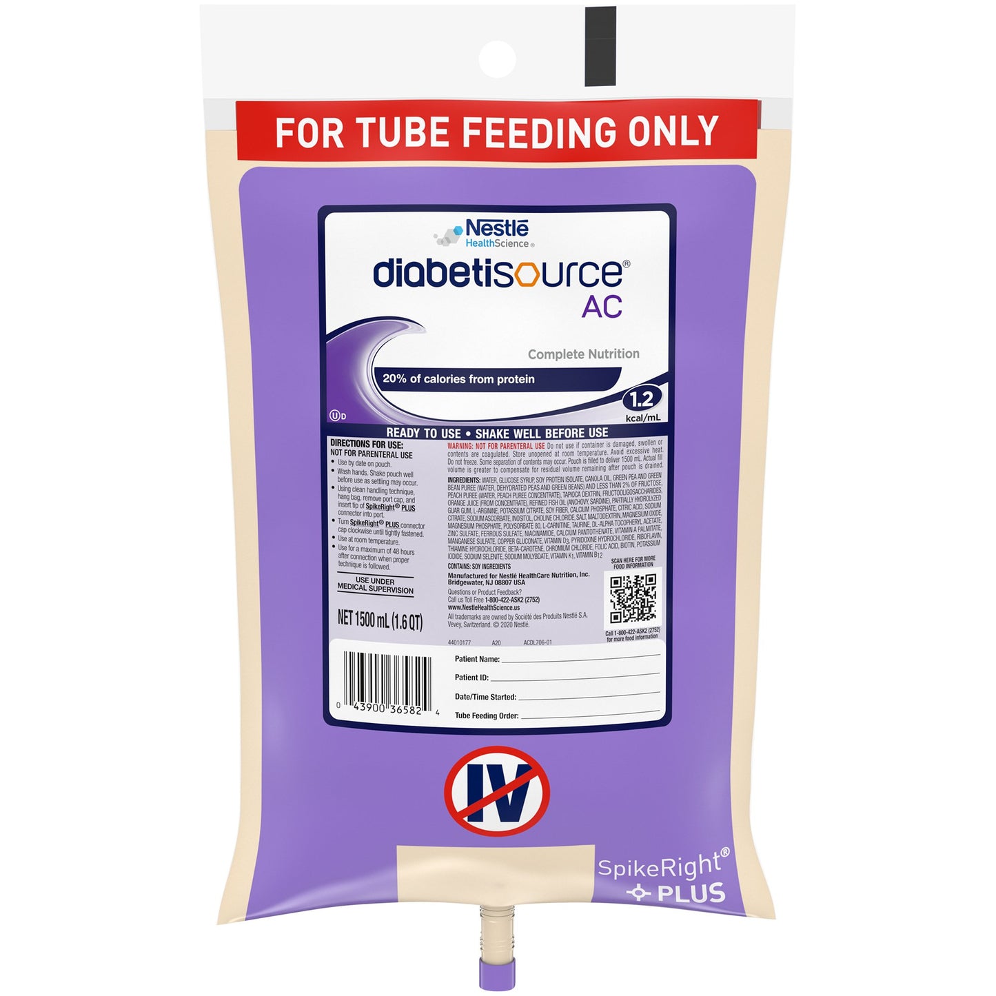 Diabetisource® AC Tube Feeding Formula Unflavored Liquid 1500 mL Ready to Hang Prefilled Container (804537_EA)