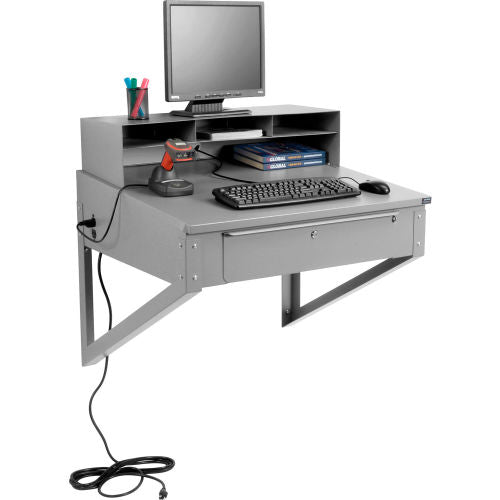 Global Industrial Wall Mount Shop Desk w/ Pigeonhole Riser, 34-1/2"W x 30"D, Gray (WB634177GY)