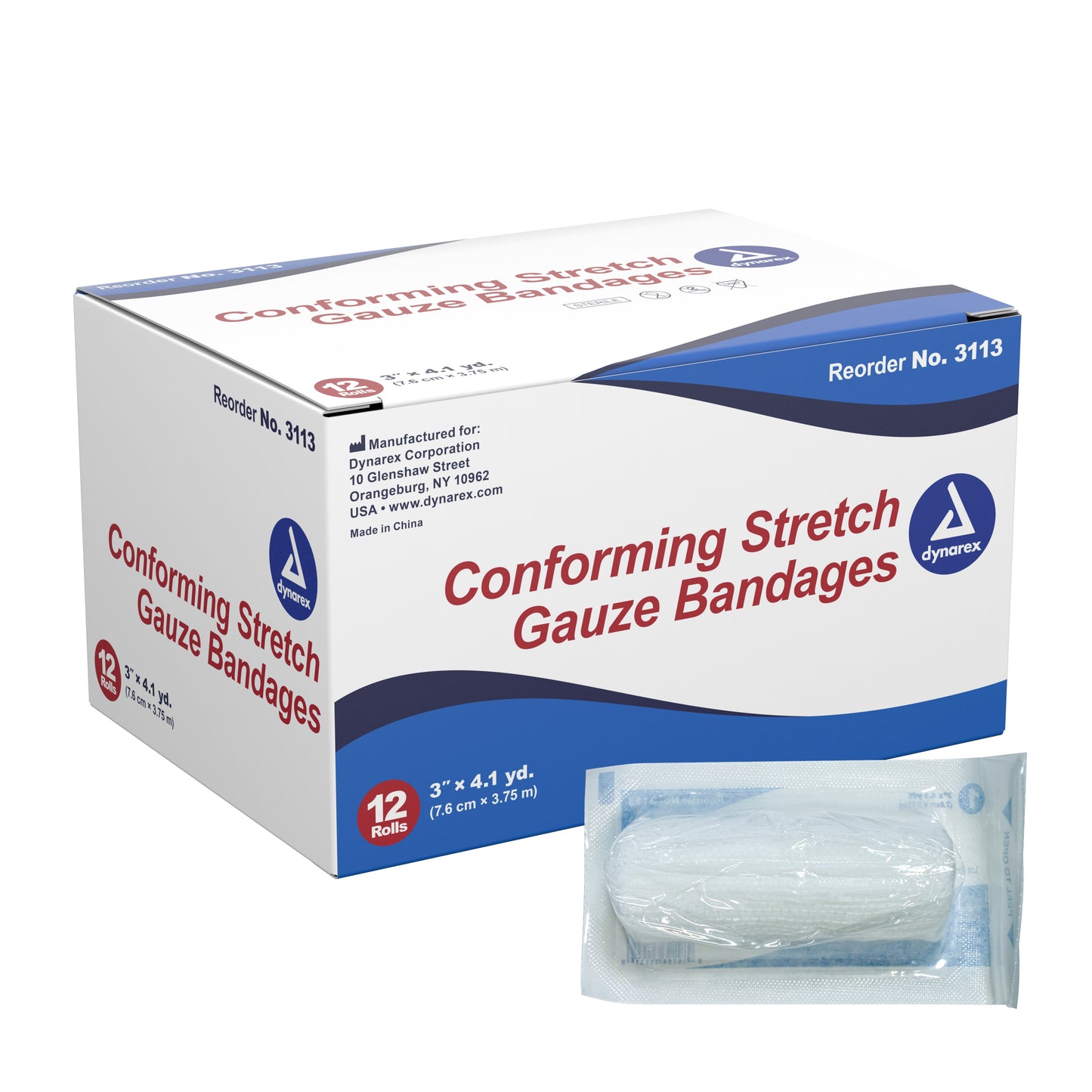 Dynarex® Conforming Bandage 3 Inch X 4-1/10 Yard 1-Ply Sterile 1 per Pouch (1049578_CS)