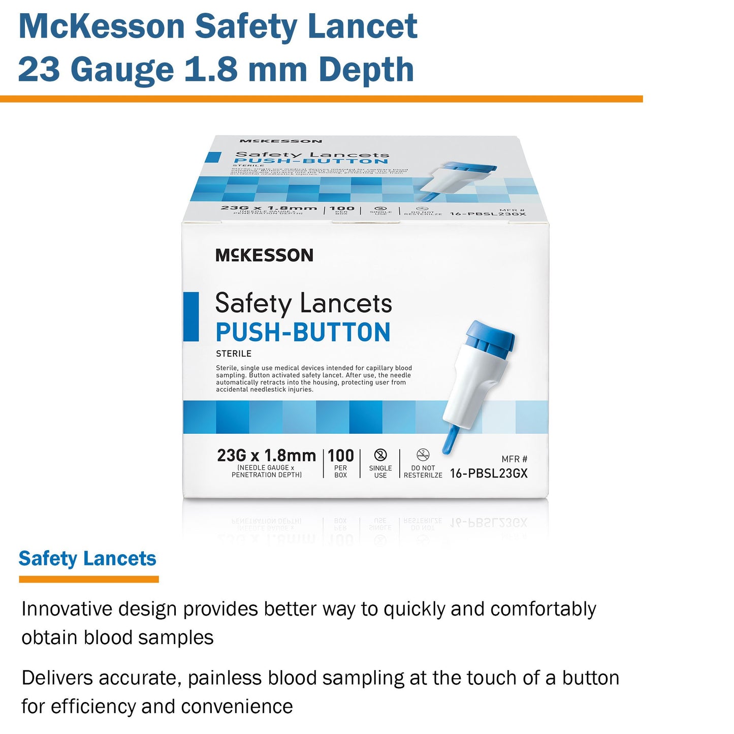 McKesson Safety Lancet 23 Gauge Retractable Push Button Activation Finger (1217990_CS)
