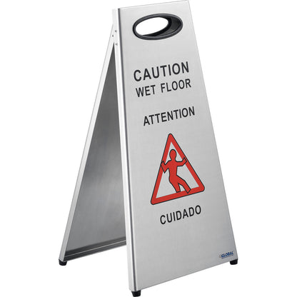 Global Industrial Stainless Steel Floor Sign 2 Sided Multi-Lingual - Caution (WB641436)