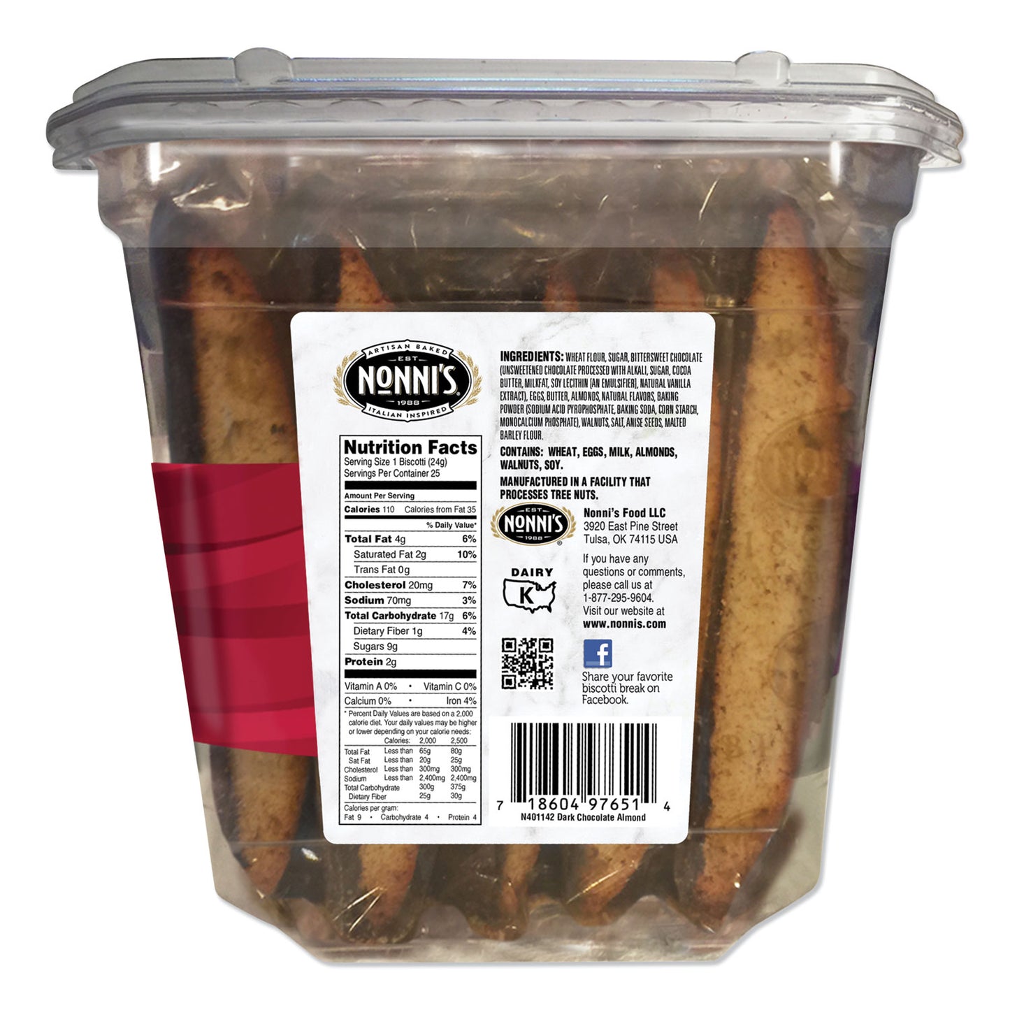 Nonni's® Biscotti, Dark Chocolate Almond, 0.85 oz Individually Wrapped, 25/Pack (NONNSD97651)